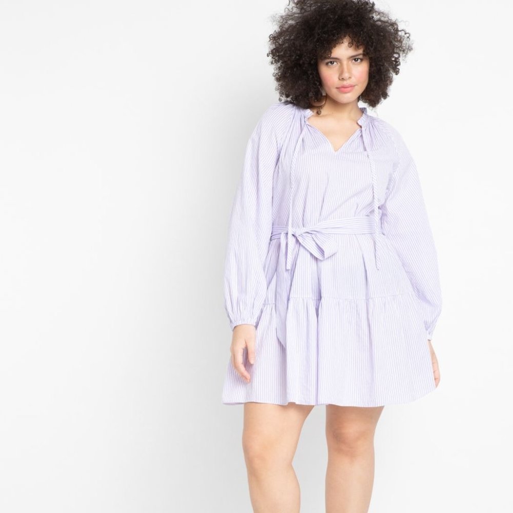 NEW Eloquii Cotton Purple Pinstripe Summer Ruffle Waist Tie Dress P2256